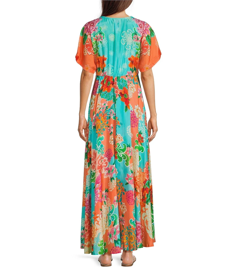 JOHNNY WAS Lia Edenia Scarf Print V-Neck Short Flutter Sleeve Maxi Dress