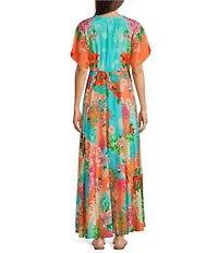 JOHNNY WAS Lia Edenia Scarf Print V-Neck Short Flutter Sleeve Maxi Dress