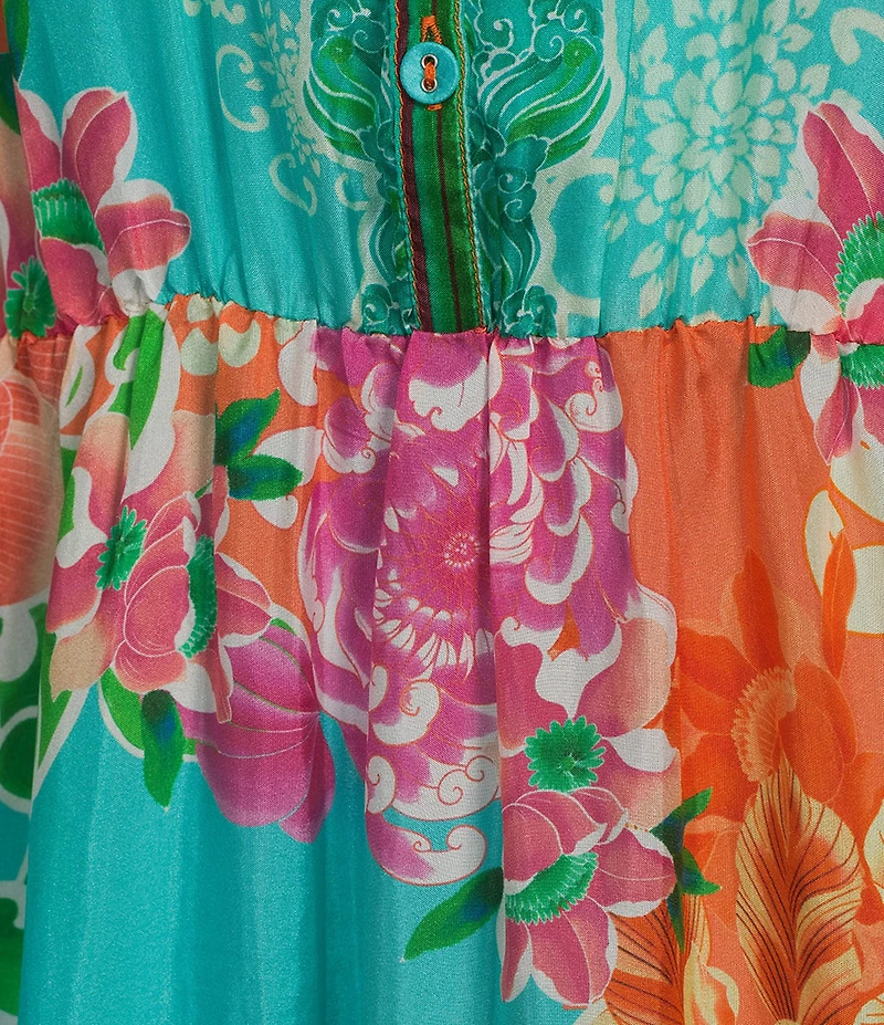 JOHNNY WAS Lia Edenia Scarf Print V-Neck Short Flutter Sleeve Maxi Dress