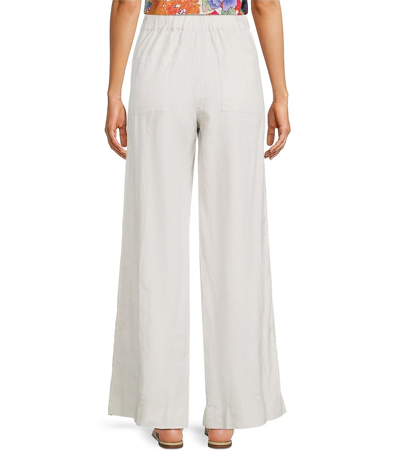 JOHNNY WAS Linen Embroidered Pleated Wide Leg Pants