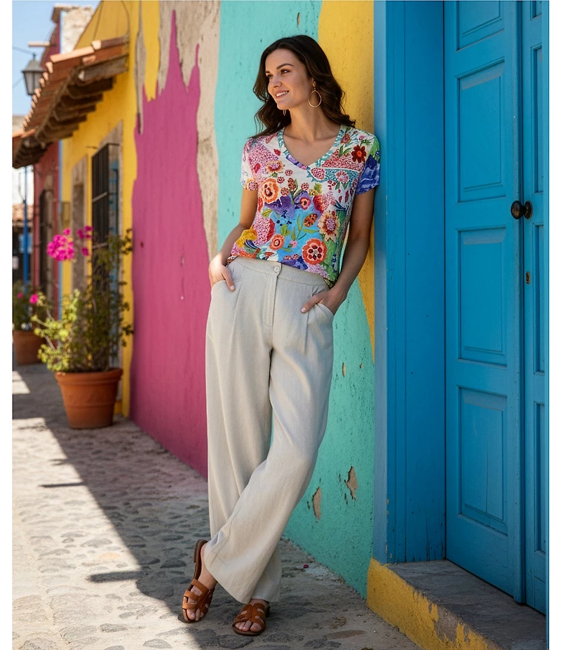 JOHNNY WAS Linen Embroidered Pleated Wide Leg Pants