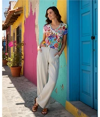 JOHNNY WAS Linen Embroidered Pleated Wide Leg Pants