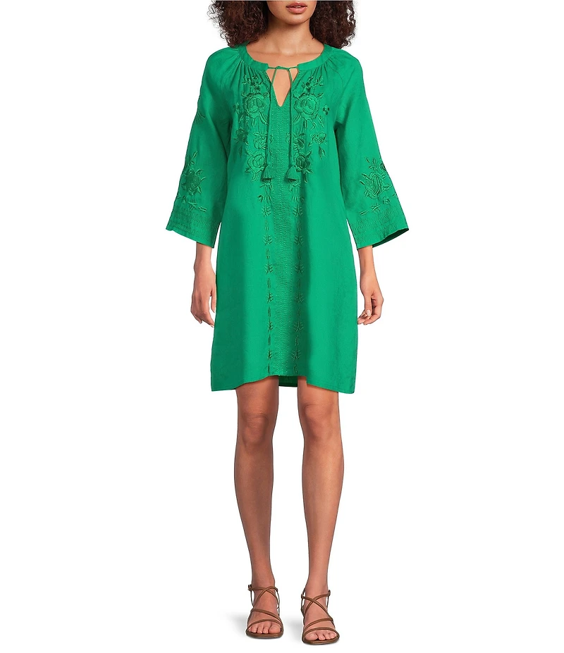 JOHNNY WAS Linen Embroidered V-Neck 3/4 Bell Sleeve Dress