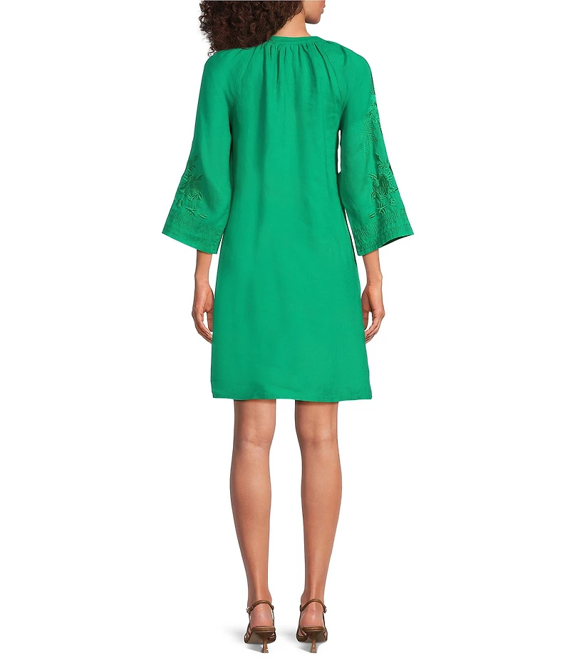 JOHNNY WAS Linen Embroidered V-Neck 3/4 Bell Sleeve Dress