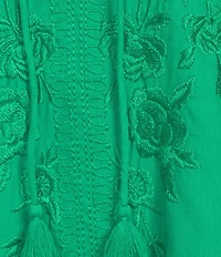 JOHNNY WAS Linen Embroidered V-Neck 3/4 Bell Sleeve Dress