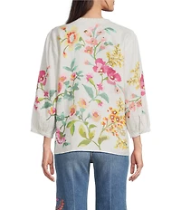JOHNNY WAS Linen Floral Embroidered Split V-Neck 3/4 Sleeve Blouse