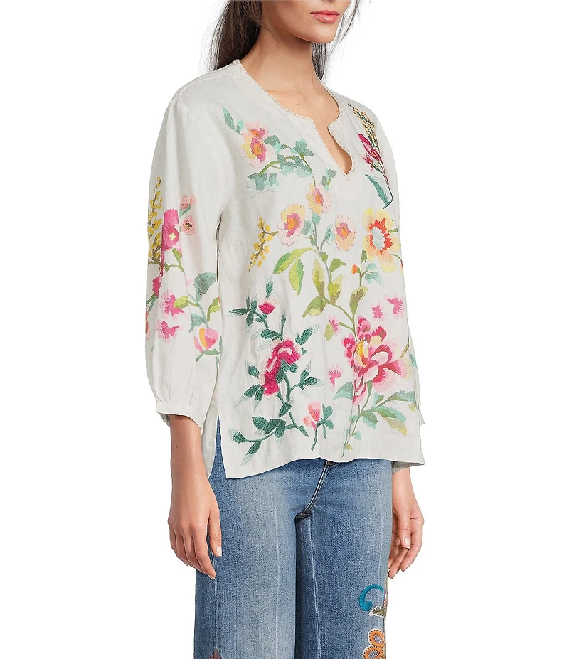 JOHNNY WAS Linen Floral Embroidered Split V-Neck 3/4 Sleeve Blouse