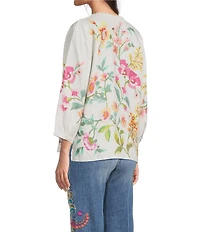 JOHNNY WAS Linen Floral Embroidered Split V-Neck 3/4 Sleeve Blouse