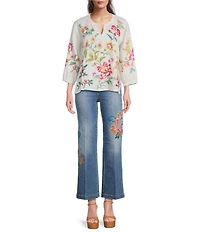 JOHNNY WAS Linen Floral Embroidered Split V-Neck 3/4 Sleeve Blouse