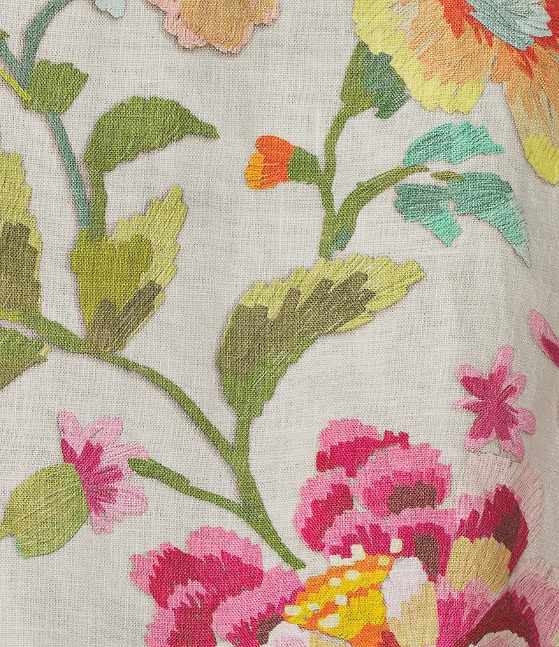 JOHNNY WAS Linen Floral Embroidered Split V-Neck 3/4 Sleeve Blouse