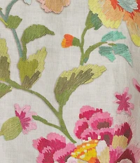 JOHNNY WAS Linen Floral Embroidered Split V-Neck 3/4 Sleeve Blouse