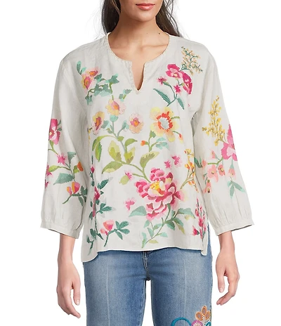 JOHNNY WAS Linen Floral Embroidered Split V-Neck 3/4 Sleeve Blouse