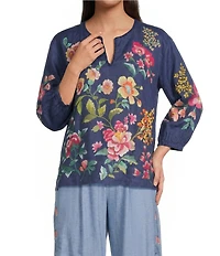 JOHNNY WAS Linen Floral Embroidered Split V-Neck 3/4 Sleeve Blouse