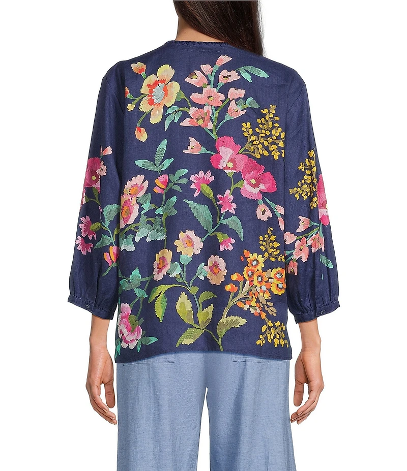 JOHNNY WAS Linen Floral Embroidered Split V-Neck 3/4 Sleeve Blouse