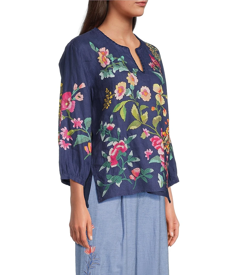 JOHNNY WAS Linen Floral Embroidered Split V-Neck 3/4 Sleeve Blouse