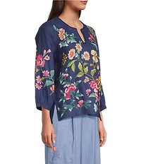 JOHNNY WAS Linen Floral Embroidered Split V-Neck 3/4 Sleeve Blouse