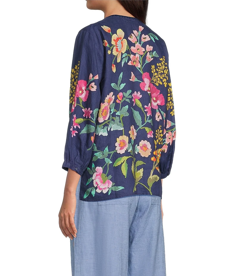 JOHNNY WAS Linen Floral Embroidered Split V-Neck 3/4 Sleeve Blouse