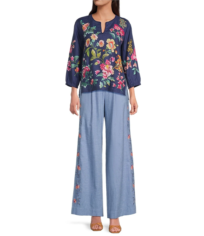 JOHNNY WAS Linen Floral Embroidered Split V-Neck 3/4 Sleeve Blouse