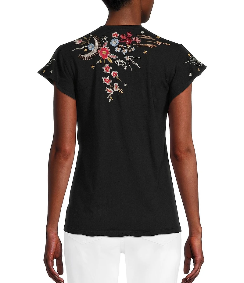 JOHNNY WAS Lissa Embroidered Floral Print Cotton Knit Jersey V-Neck Short Flutter Sleeve Tee Shirt