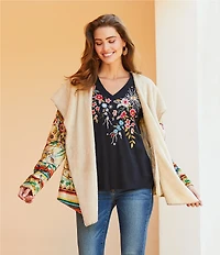 JOHNNY WAS Lissa Embroidered Floral Print Cotton Knit Jersey V-Neck Short Flutter Sleeve Tee Shirt