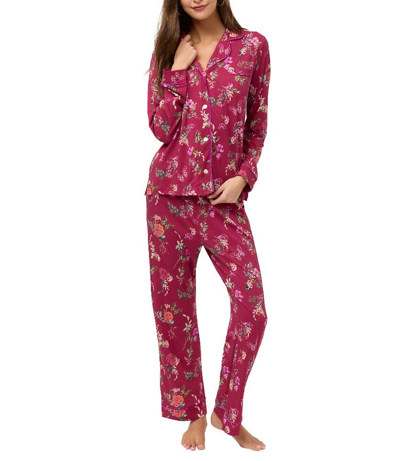 JOHNNY WAS Long Sleeve Notch Collar Knit Floral Print Long Pajama Set