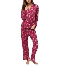 JOHNNY WAS Long Sleeve Notch Collar Knit Floral Print Long Pajama Set