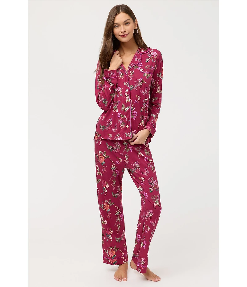 JOHNNY WAS Long Sleeve Notch Collar Knit Floral Print Long Pajama Set