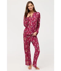 JOHNNY WAS Long Sleeve Notch Collar Knit Floral Print Long Pajama Set