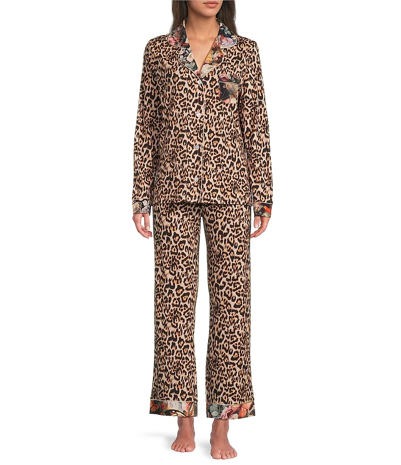 JOHNNY WAS Long Sleeve Notch Collar Knit Leopard Print Long Pajama Set