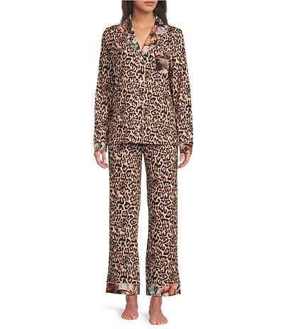 JOHNNY WAS Long Sleeve Notch Collar Knit Leopard Print Long Pajama Set