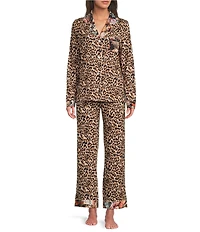 JOHNNY WAS Long Sleeve Notch Collar Knit Leopard Print Long Pajama Set