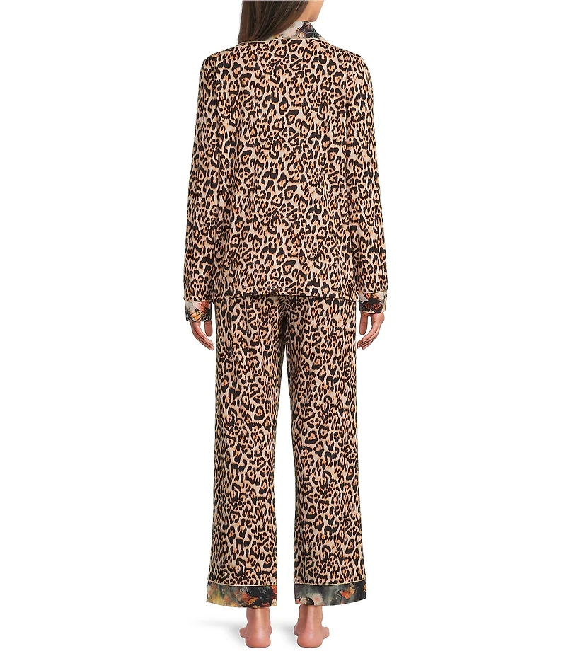 JOHNNY WAS Long Sleeve Notch Collar Knit Leopard Print Long Pajama Set