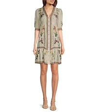 JOHNNY WAS Loren Floral Border Print Silk-Blend V-Neck Elbow Sleeve A-Line Dress