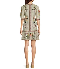JOHNNY WAS Loren Floral Border Print Silk-Blend V-Neck Elbow Sleeve A-Line Dress