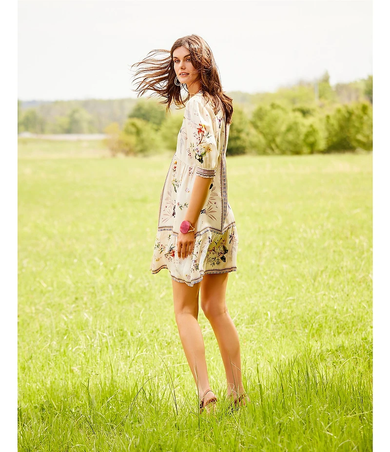 JOHNNY WAS Loren Floral Border Print Silk-Blend V-Neck Elbow Sleeve A-Line Dress