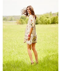 JOHNNY WAS Loren Floral Border Print Silk-Blend V-Neck Elbow Sleeve A-Line Dress