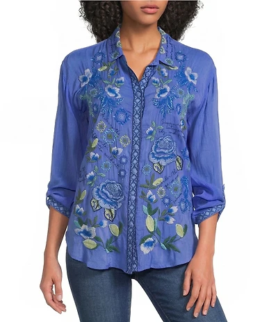 JOHNNY WAS Luisa Embroidered Point Collar V-Neck Long Sleeve Shirt