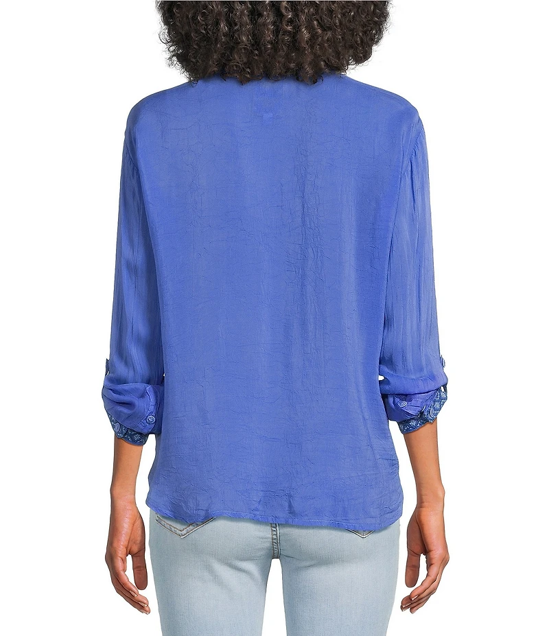 JOHNNY WAS Luisa Embroidered Point Collar V-Neck Long Sleeve Shirt