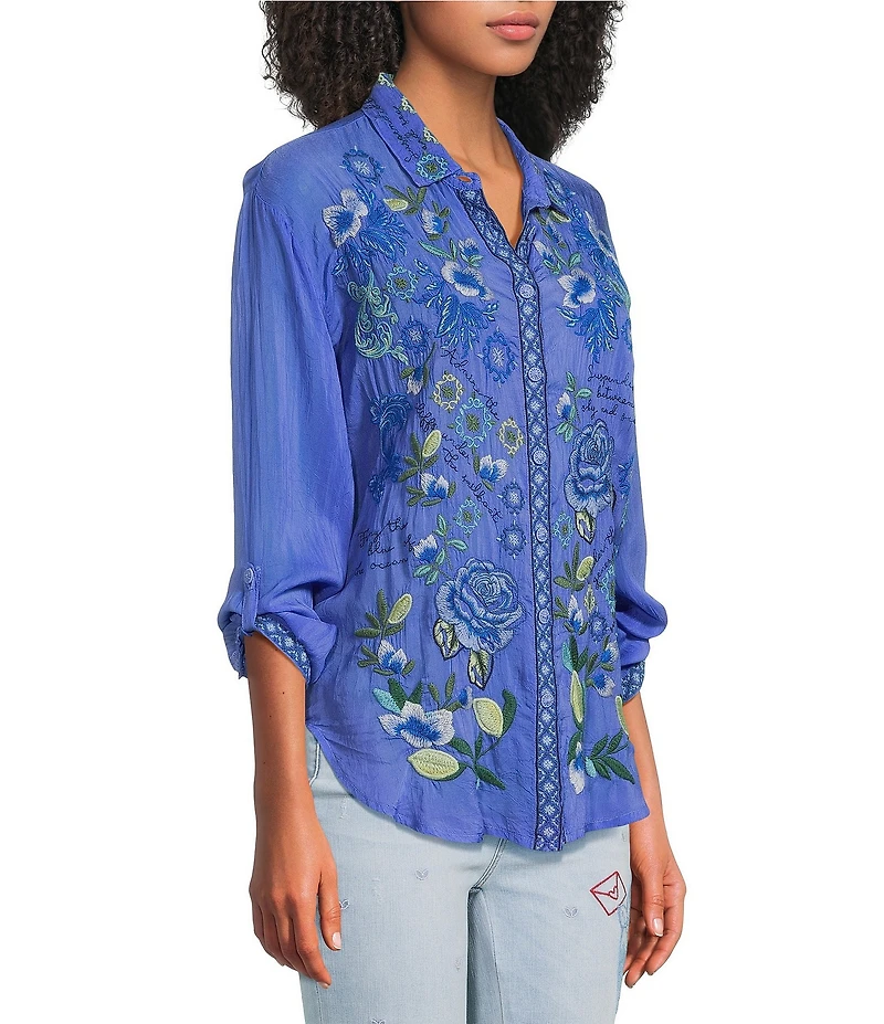 JOHNNY WAS Luisa Embroidered Point Collar V-Neck Long Sleeve Shirt
