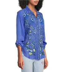 JOHNNY WAS Luisa Embroidered Point Collar V-Neck Long Sleeve Shirt