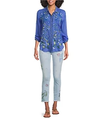 JOHNNY WAS Luisa Embroidered Point Collar V-Neck Long Sleeve Shirt