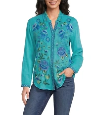 JOHNNY WAS Luisa Embroidered Point Collar V-Neck Long Sleeve Shirt