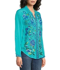 JOHNNY WAS Luisa Embroidered Point Collar V-Neck Long Sleeve Shirt