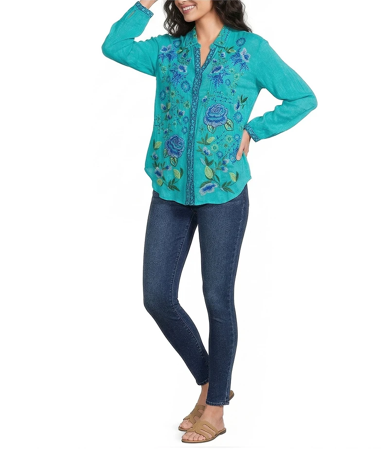 JOHNNY WAS Luisa Embroidered Point Collar V-Neck Long Sleeve Shirt