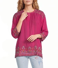 JOHNNY WAS Margot Embroidered Split Round Neck 3/4 Sleeve Blouse