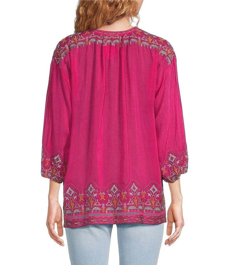JOHNNY WAS Margot Embroidered Split Round Neck 3/4 Sleeve Blouse