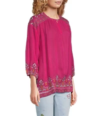 JOHNNY WAS Margot Embroidered Split Round Neck 3/4 Sleeve Blouse