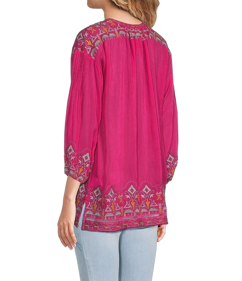 JOHNNY WAS Margot Embroidered Split Round Neck 3/4 Sleeve Blouse