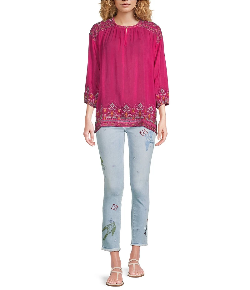 JOHNNY WAS Margot Embroidered Split Round Neck 3/4 Sleeve Blouse
