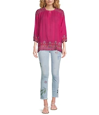JOHNNY WAS Margot Embroidered Split Round Neck 3/4 Sleeve Blouse